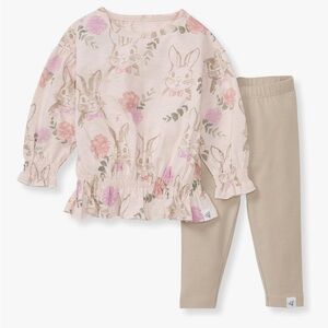 EUC Burt’s Bees Baby Floral Bunny Top and Tan Leggings Set size 0-3 months